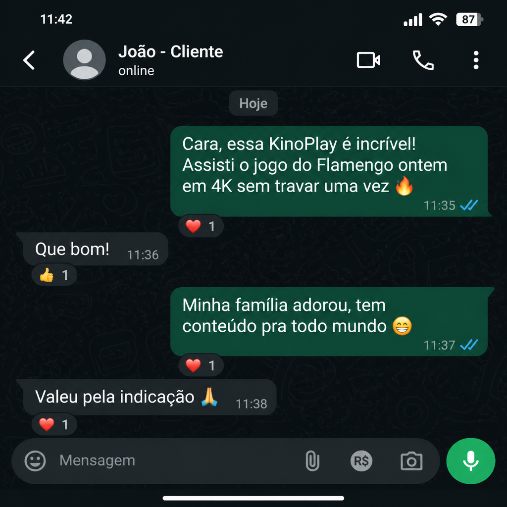 Depoimento WhatsApp - João: KinoPlay é incrível, assisti jogo do Flamengo em 4K sem travar