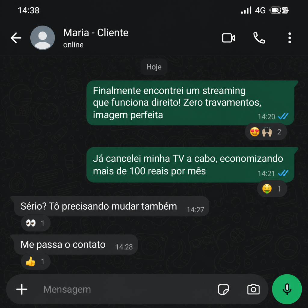 Depoimento WhatsApp - Maria: Zero travamentos, imagem perfeita, cancelei TV a cabo