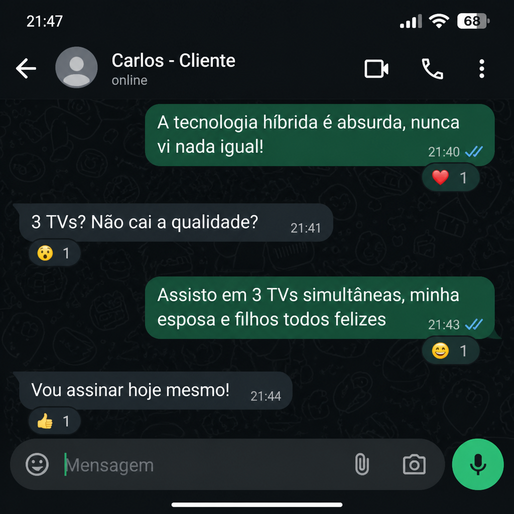 Depoimento WhatsApp - Carlos: Tecnologia híbrida absurda, assisto em 3 TVs simultâneas